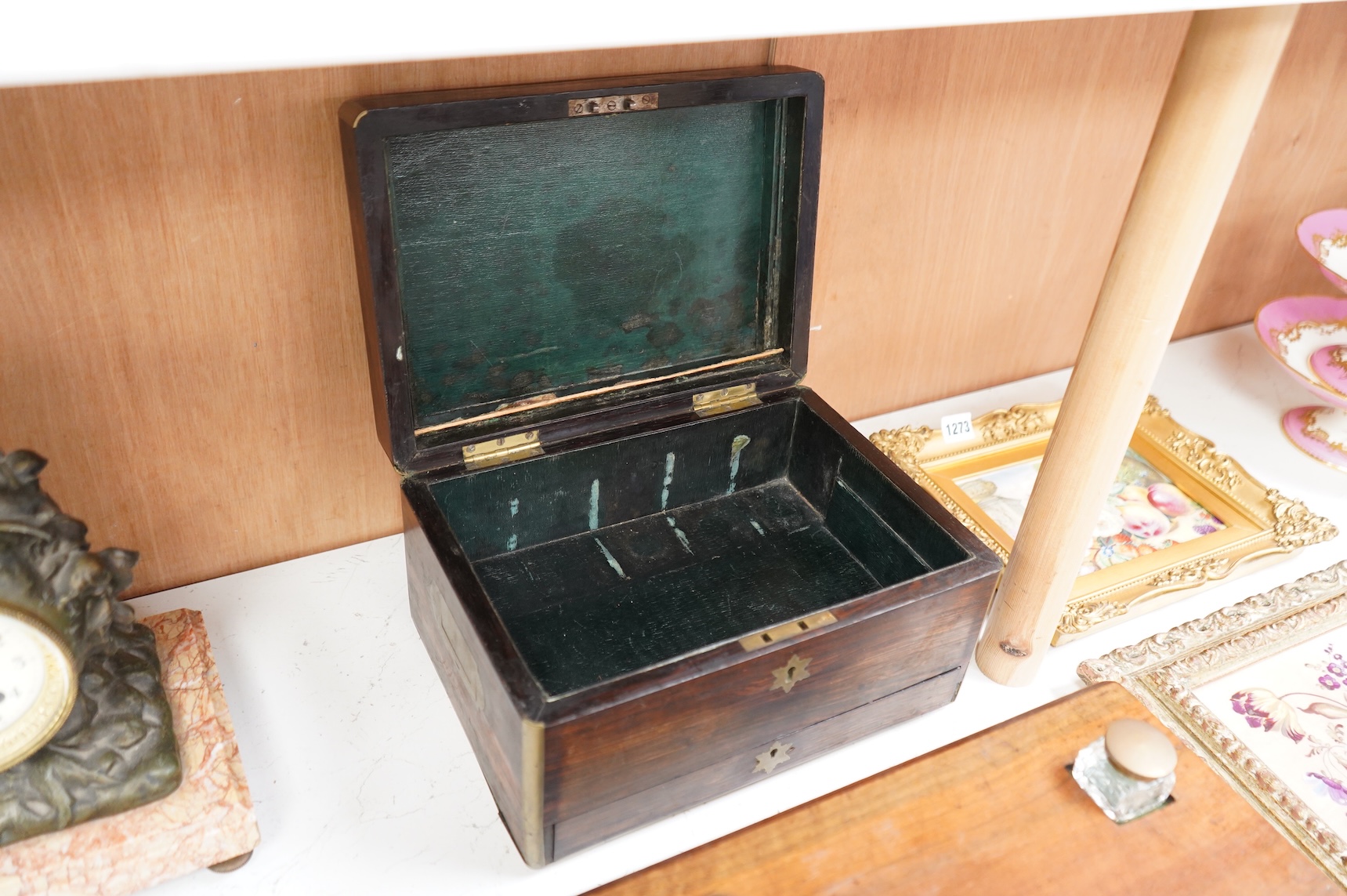 A Victorian brass bound rosewood jewellery box together with a mahogany desk stand with two inkwells, largest 30cm wide